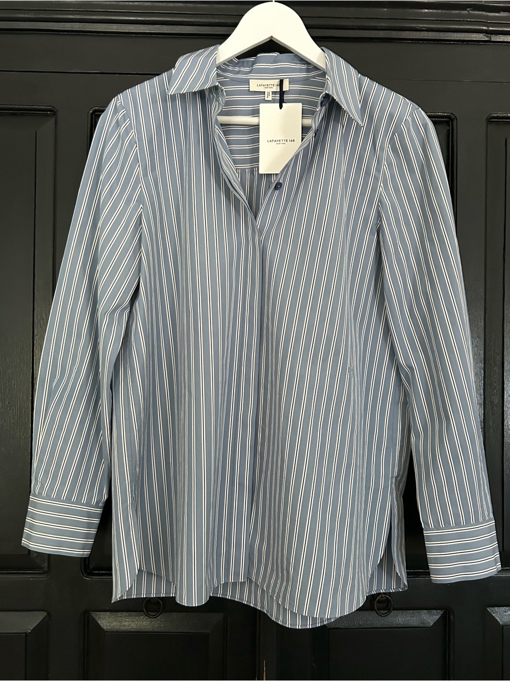 Lafayette 148 Harbor Blue Multi Stripe Button Down Shirt in Cotton Size Medium